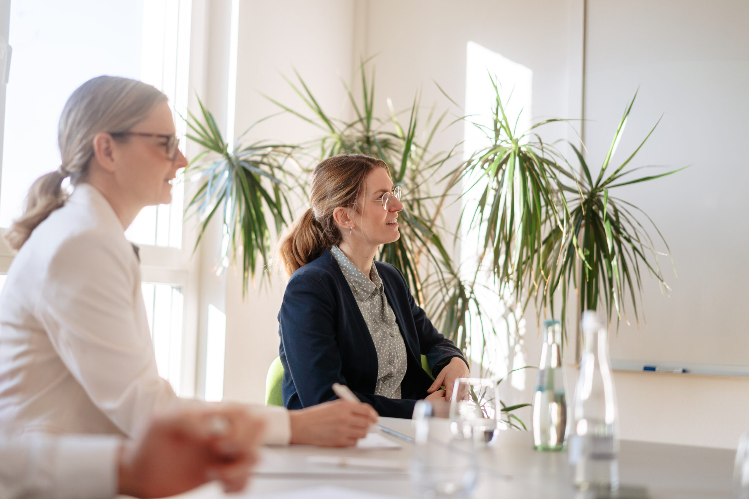 Mehrwert Dia2log Organisationsanalyse Zwei Frauen nehmen an Besprechung teil in heller modernen Büroumgebung mit Pflanzen für Organisationsanalyse