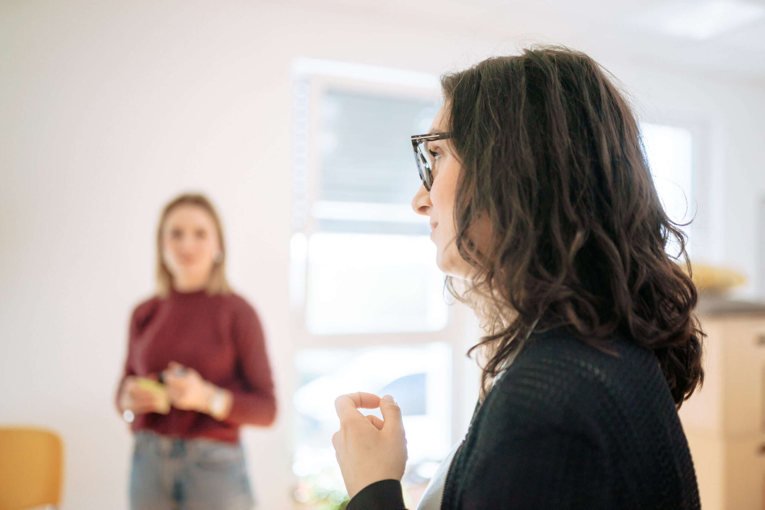 Mehrwert MiWay Motivations- und Werteanalyse Zwei Frauen diskutieren in heller moderner Büroumgebung mit Pflanzen und Flipchart die unterschiedlichen Werthaltungen der Teammitglieder und was dies für Zusammenarbeit bedeutet