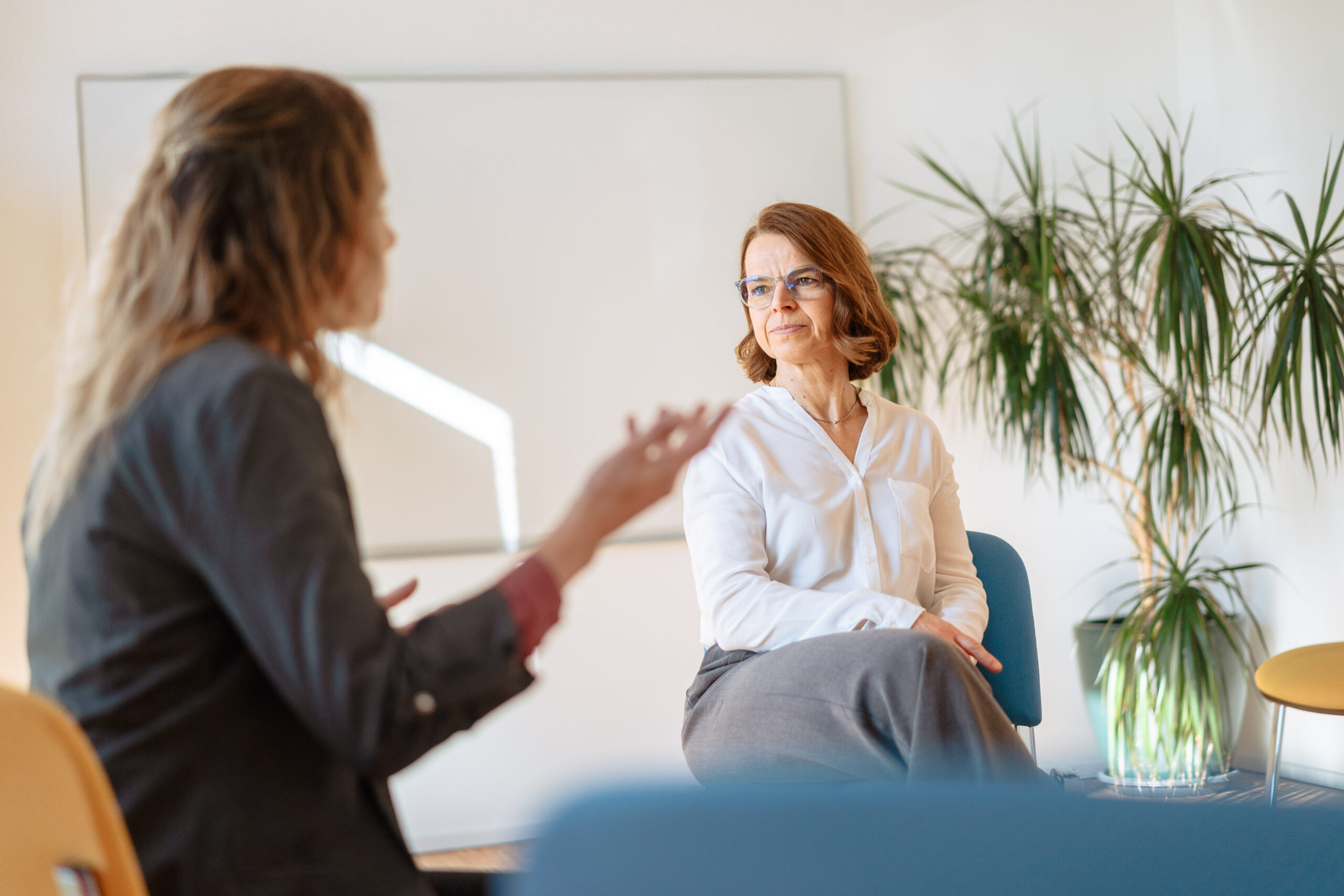 Unser Ansatz Veränderungsberatung Zwei Frauen im intensiven Austausch, im Hintergrund eine Pflanze, helle Atmosphäre, Einbinden von unterschiedlichen Perspektiven und Personengruppen, gemeinsames Erarbeiten von Lösungsansätzen